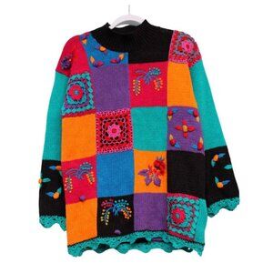 Vintage 90s Retro Sweater Size Medium Grandma Square Ramie Cotton Colorful Knit